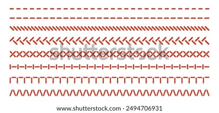 Sewing stitches line set isolated on white. Different types of thread seam pattern, classic straight, cross, overlock, fringe, zigzag. Vector clipart for seamless brush, embroidery or sewing texture.