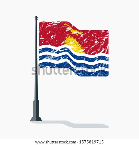 Kiribati flag with scratches waving on flagpole with shadow in vector