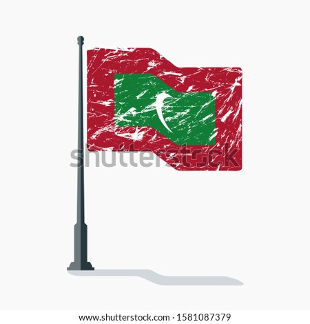 Maldives flag with scratches waving on flagpole with shadow in vector