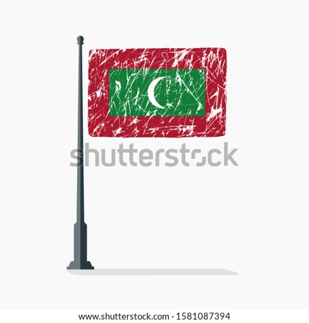 Maldives flag with scratches on flagpole with shadow in vector