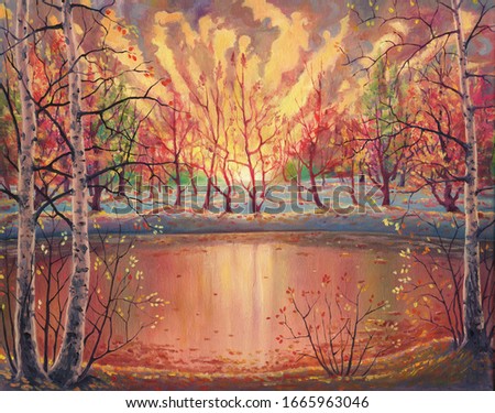 Oil painting sunset autumn landscape on canvas with nature, beautiful forest, golden foliage, crimson trees, sun light beams, water pond, hand drawn illustration with beautiful watercolor pastel color