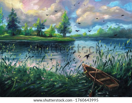 Summer oil painting nature forest landscape background on canvas with evening sunset, lake, green trees, clouds, blue sky, outdoor hand drawn illustration with reflections on river, drawing art.