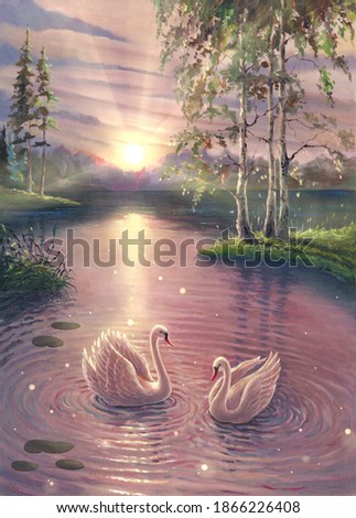 Realistic nature landscape illustration by oil painting on canvas, magical lake with swans over forest drawing art, sunset or sunrise, beautiful pond water, green trees, white birds artwork.