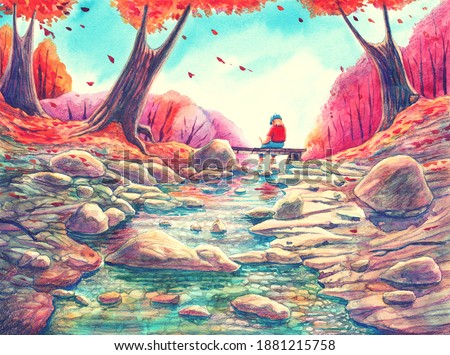 Watercolor nature landscape painting art with magic forest, clear transparent river with stones, foliage, autumn leaves, hand drawn outdoor illustration with fantasy trees over blue sky.