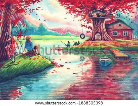 Watercolor fantasy landscape with autumn trees, lake, magic house, beautiful forest, hand drawn nature illustration painting with river water, fishing, outdoors relaxation art with nice colors.