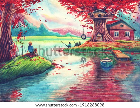 Magic watercolor landscape painting art with pink trees, lake, fishing lodge, fantasy forest, hand drawn nature illustration with river reflections, red bicycle and boat.