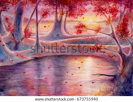 Painting forest landscape by water color and colored pencils, watercolor art