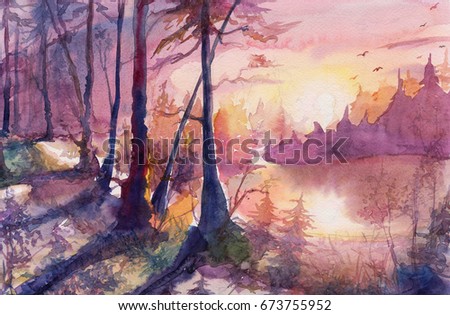 Painting water color forest landscape, watercolor art