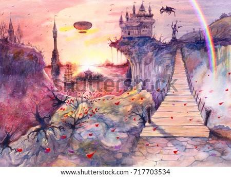 Water color painting beautiful sea landscape, castle, rocks, dragon, rainbow, Crimea bridge, watercolor art