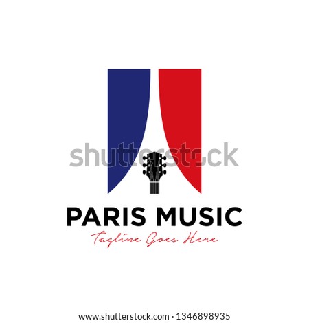 unique Paris music logo design vector template illustration. consisting of a guitar icon, French flag and eiffel Tower on negative. 