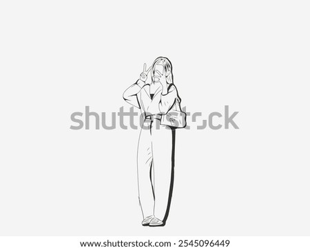 vector illustration of a woman standing with a bag in line art style