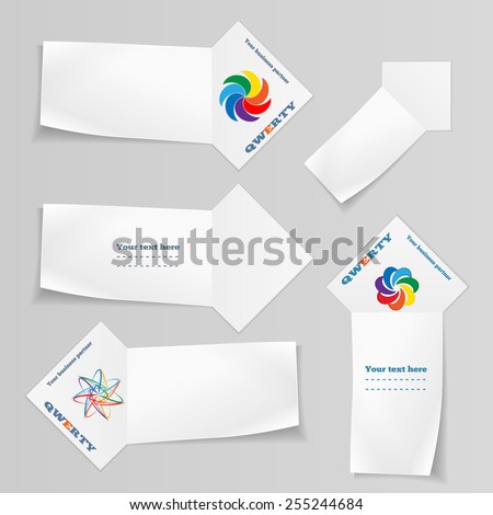 Paper 5 banners with 3 logo set. Paper labels for your text.  Ribbon, arrow for note. Stationery.
