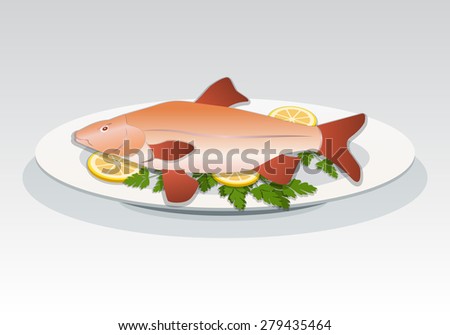 Fish icon. Crucian on white plate with lemon and herbs. Food, seafood dish symbol. Cyprinidae family. Fresh fish color sign with red fins on gray background. Vector isolated.