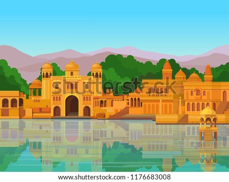 Animation landscape: the ancient Indian city: temples, palaces, dwellings, river bank. Vector illustration.