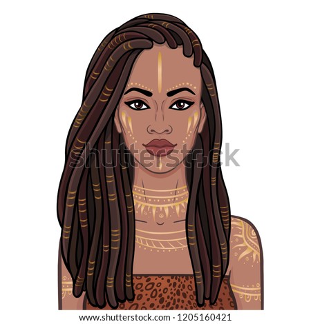 Animation portrait of the young beautiful African woman  in a dreadlocks. Color drawing. Vector illustration isolated on a white background. Print, poster, t-shirt, card.
