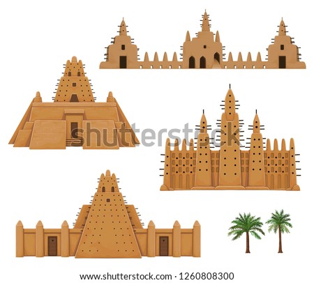 Set of buildings African architecture. House, mosque, ancient dwelling. Color drawing isolated on a white background. Vector illustration.