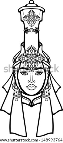 Asian beauty. Animation portrait of a beautiful girl in ancient national headdress. Vector illustration isolated on a white background. Print, poster, t-shirt, card.