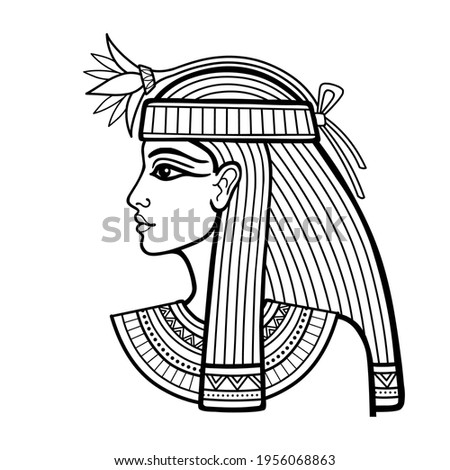 Animation linear portrait of beautiful Egyptian woman with flower. Goddess, princess. Profile view. Vector illustration isolated on a white background. Print, poster, t-shirt, tattoo.