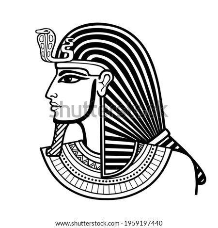 Animation portrait Egyptian man in the royal headscarf. Profile view. Vector illustration isolated on a white background. Print, poster, t-shirt, tattoo.