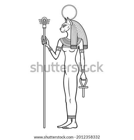 Animation portrait Ancient Egyptian goddess Bastet (Bast) holds symbols of power: staff and cross. Sacred woman cat. Profile view. Vector illustration isolated on a white background. Print, poster