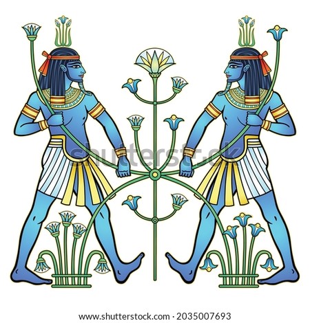 Animation portrait  Egyptian God Hapi holding a reed flower. God of fertility, of water, of  Nile River. Full growth. Vector illustration isolated on a white background. Print, poster, t-shirt, tattoo