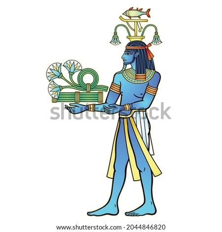 Animation color portrait: Egyptian God Hapi presents river gifts - papyrus flowers. God of fertility, of water, of  Nile River. Vector illustration isolated on a white background. 