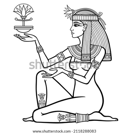 Animation linear portrait of beautiful Egyptian woman holds a flower in his hands. Goddess, princess. Profile view. Vector illustration isolated on a white background. Print, poster, t-shirt, tattoo.