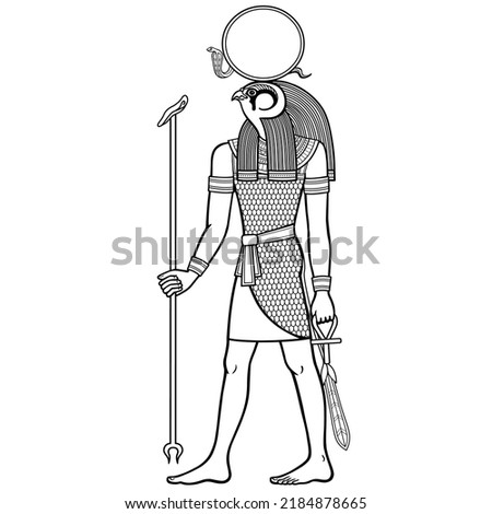 Animation portrait: Ancient Egyptian god Ra holds a staff and anch cross. Supreme Sun God. Full growth. View profile. Vector illustration isolated on a white background. Stock foto © 