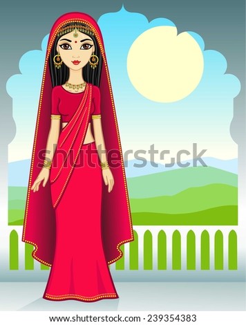 Animation Indian Girl In A Traditional Clothes On A Mountains ...