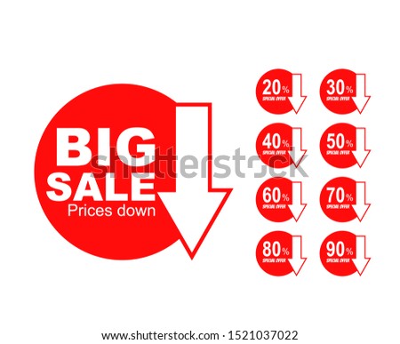 Big Sale tags with Sale up to 20 - 90 percent text on circle tags with arrow down composition.vector design