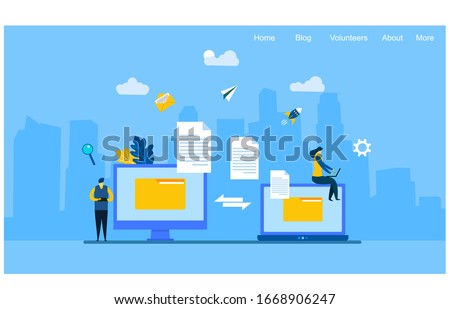 Website or landing page vector illustration of  File Transfer. Files transferred Encrypted Form. Program for Remote Connection between two Computers.with Tiny People Character Concept Vector