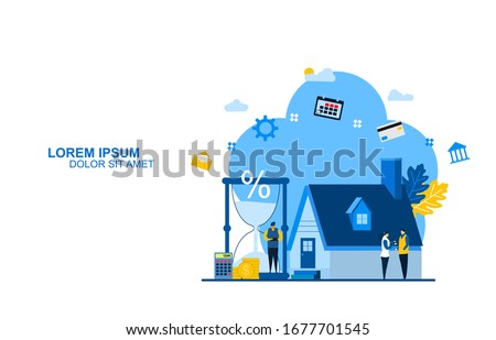 Website or landing page vector illustration of  Mortgage vector illustration. Flat tiny house purchase debt persons concept. Buy real estate and pay credit to bank. 