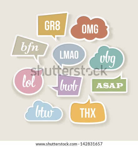 Vector retro speech bubbles with texting acronyms and abbreviations.
