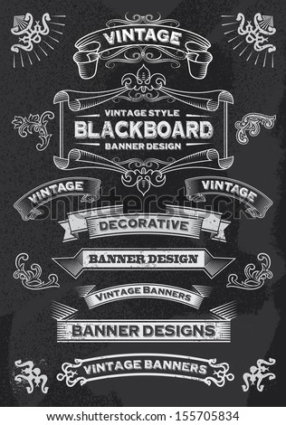 Hand drawn blackboard banner vector illustration with texture added. Chalkboard ribbon and banner design set for menus, greeting cards and festive occasions.