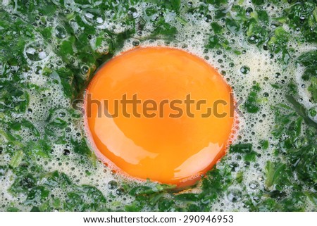 Green leafy vegetables, eggs isolated closeup
