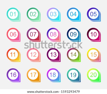 Super set arrow bullet point triangle flags on white background. Colorful gradient markers with number from 1 to 20. Modern vector illustration