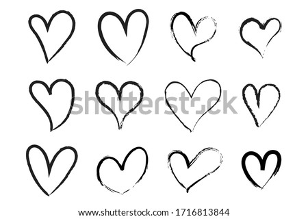 Vector Heart shape frame with brush. Heart hand drawn icons set isolated on white background. For poster, wallpaper and Valentine's day. Collection of hearts, vector illustration
