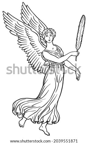 Hand drawn black and white vector of Muse.
Stock illustration of Greek Goddess Nike, allegory of Glory. 