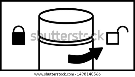 Right arrow on a bottle with a cap and symbols of open and closed lock on the right and left. Instructions where to turn to open, move left - close. Vector icon for medicine, cosmetics, chemistry