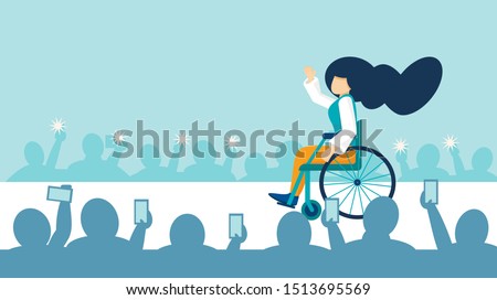 A young girl with disabilities in a wheelchair rides on the catwalk at a fashion show.The concept of equal opportunity. A disabled person is a top model in a fashion house. Vector banner, copy space.