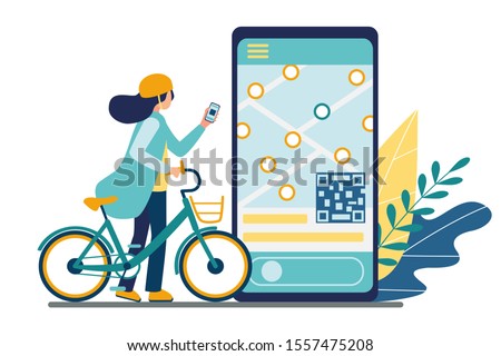 Bicycle rental mobile app. Bike sharing. A girl using a smartphone unlocks an electric bike for a trip. On the phone screen is a map with locations of parking lots and qr code. Vector illustration.