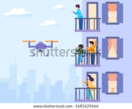 The copter flies and takes off, monitors and watches over the facade of house with balconies. People stand on the terraces and wave to the robot. Vector flat illustration urban buildings background.