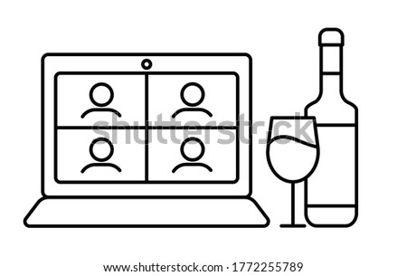 Online wine party with glass of wine and bottle of sparkling wine. On laptop screen friends drink alcohol teleconference. Virtual beer webinar. Vector illustration. Outline icon with editable stroke.
