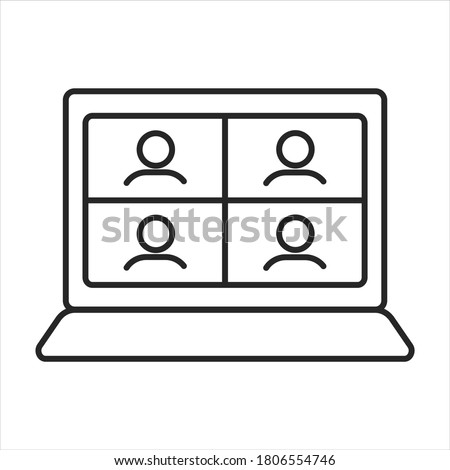 Conference video call on laptop thin line icon. Working from home. Distant learning. Group people on screen monitor. Conversation. Vector illustration isolated outline. Editable stroke