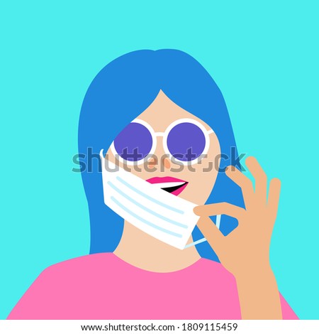 Portrait of a girl taking off a medical protective mask. Cheerful young woman in round sunglasses smiling with teeth. Bright colors minimalism avatar. Vector flat cartoon illustration