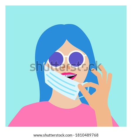 Girl with braces puts on protective medical mask. Young woman smiling. Brackets on teeth for correcting dental health problems. Dentistry during quarantine. Vector bright colors flat illustration.