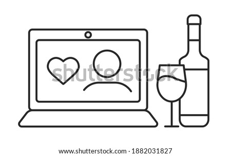 Online Valentine's Day celebration concept. Vector line thin icon of person with heart on laptop monitor. Quarantined love, social isolation. Wine with glass of sparkling. Virtual party