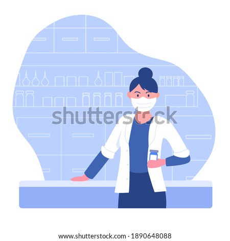 Pharmacy concept with pharmacist. Doctor pharmacist seller stands in front of the counter and offers medications vitamins in drugstore. Health care and counseling medication. Vector flat illustration.