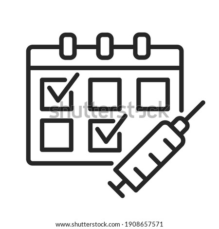 Multiple-Dose Vaccine Schedules outline icon. Calendar and syringe for medication injection. Two dose vaccination concept. Covid vaccination. Thin line vector illustration isolated. Editable stroke