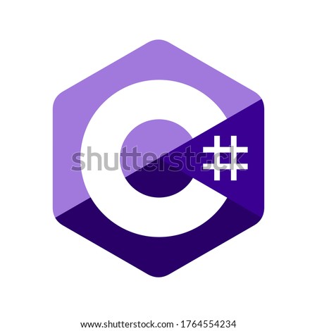 Emblem of C sharp programming language. Blue hexagon with the letter C and number symbol inside.